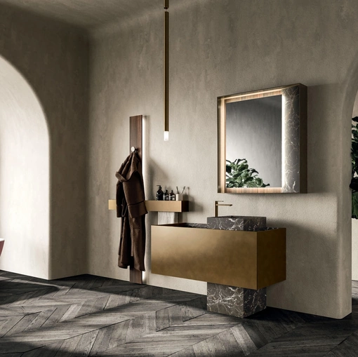 Metal Bronzo ve Arrital Mermeri ile Lakerli Zemin Banyo Mobilyası Must 02