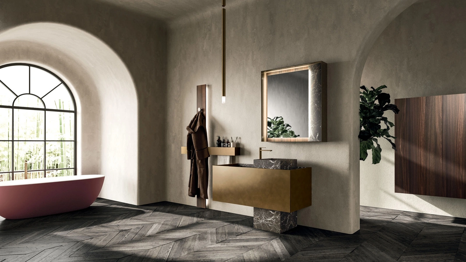 Metal Bronzo ve Arrital Mermeri ile Lakerli Zemin Banyo Mobilyası Must 02