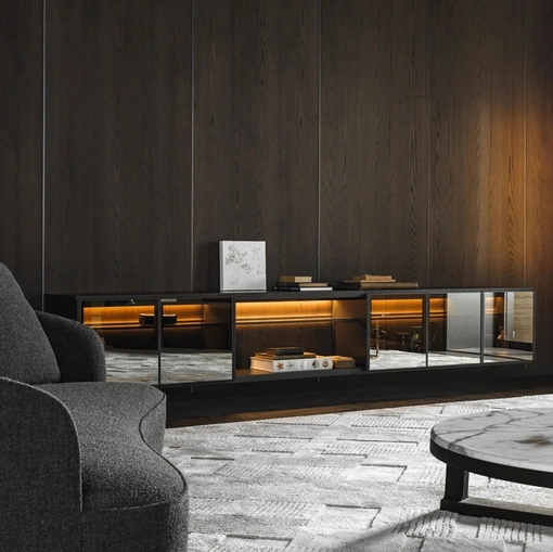 Molteni & C tarafından üretilen aynalı camlı Logos Set 03 askılı ahşap kitaplık
