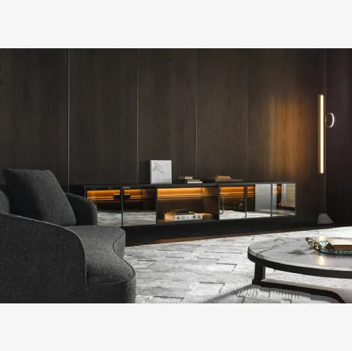 Molteni & C tarafından üretilen aynalı camlı Logos Set 03 askılı ahşap kitaplık